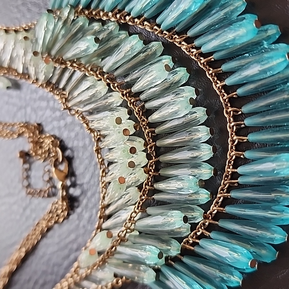 Gold-Toned Aqua Gradient Fringe Necklace - Blue/Green - Picture 4 of 10